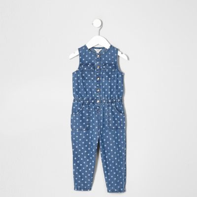 Mini girls blue denim star print jumpsuit